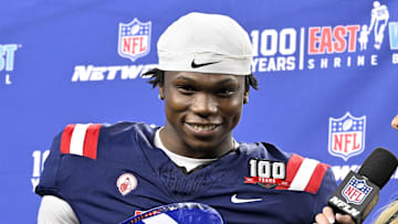Jan 30, 2025; Arlington, TX, USA; East running back Jacory Croskey-Merritt of Arizona (31) is presented with the offensive MVP trophy after the East defeats the West in the East-West Shrine Bowl at AT&T Stadium. Mandatory Credit: Jerome Miron-Imagn Images
