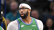 Oct 26, 2025; Dallas, Texas, USA; Dallas Mavericks guard Klay Thompson (31) and forward Anthony Davis (3) look on during the game between the Mavericks and the Raptors at the American Airlines Center. Mandatory Credit: Jerome Miron-Imagn Images