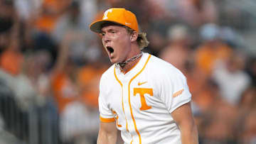 Tennessee pitcher Liam Doyle (12) celebrates striking out a batter during a NCAA baseball game between Tennessee and Kentucky at Lindsey Nelson Stadium in Knoxville, Tenn., on April 18, 2025.