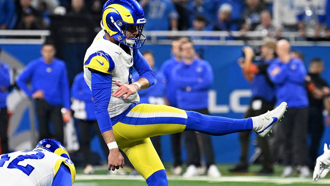 Brett Maher kicks a field goal for the Los Angeles Rams during a 2024 NFC wild card game against the Detroit Lions.. Brett Maher kicks a field goal for the Los Angeles Rams during a 2024 NFC wild card game against the Detroit Lions..