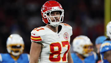 Kansas City Chiefs tight end Travis Kelce (87) looks on against the Los Angeles Chargers in the second half during an NFL game at Corinthians Arena.