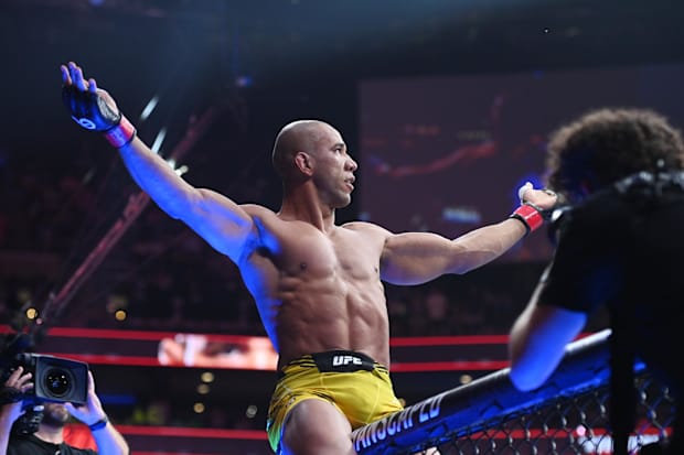 Gregory Rodrigues reacts after defeating Denis Tiuliulin during UFC 292 at TD Garden. 