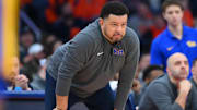 Jan 25, 2025; Syracuse, New York, USA; Pittsburgh Panthers head coach Jeff Capel looks on against the Syracuse Orange during the second half at the JMA Wireless Dome. Mandatory Credit: Rich Barnes-Imagn Images