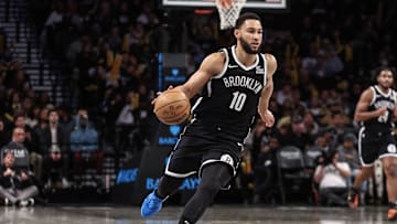 Nov 3, 2024; Brooklyn, New York, USA;  Brooklyn Nets guard Ben Simmons (10) brings the ball up court in the third quarter against the Detroit Pistons at Barclays Center. Mandatory Credit: Wendell Cruz-Imagn Images