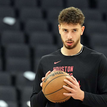 Mar 10, 2024; Sacramento, California, USA; Houston Rockets center Alperen Sengun (28) before the game against the Sacramento Kings at Golden 1 Center. Mandatory Credit: Darren Yamashita-USA TODAY Sports