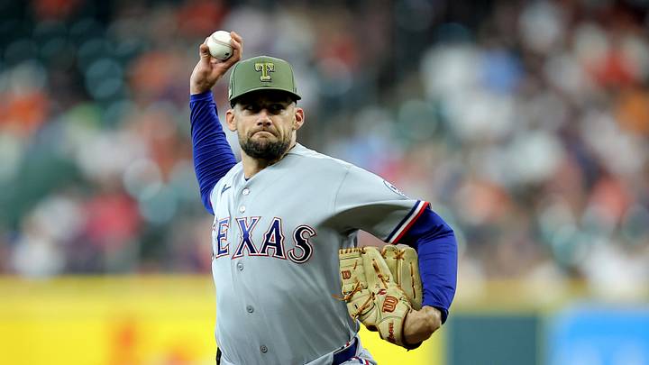 May 17, 2026; Houston, Texas, USA; Texas Rangers pitcher Nathan Eovaldi (17) delivers a pitch against the Houston Astros during the first inning at Daikin Park. Mandatory Credit: Erik Williams-Imagn Images