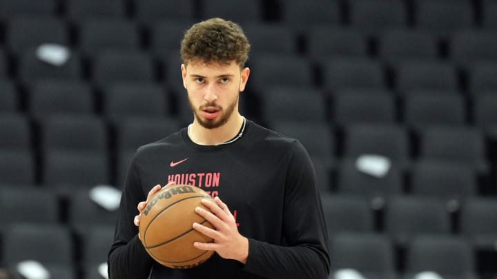 Mar 10, 2024; Sacramento, California, USA; Houston Rockets center Alperen Sengun (28) before the game against the Sacramento Kings at Golden 1 Center. Mandatory Credit: Darren Yamashita-USA TODAY Sports