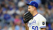 Apr 22, 2025; Kansas City, Missouri, USA; Kansas City Royals starting pitcher Kris Bubic (50) reacts during the seventh inning against the Colorado Rockies at Kauffman Stadium. Mandatory Credit: Jay Biggerstaff-Imagn Images