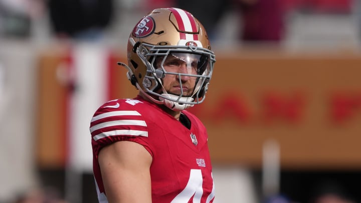 Dec 10, 2023; Santa Clara, California, USA; San Francisco 49ers fullback Kyle Juszczyk (44) before the game against the Seattle Seahawks at Levi's Stadium. Mandatory Credit: Darren Yamashita-USA TODAY Sports