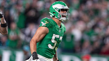 Nov 3, 2024; Philadelphia, Pennsylvania, USA; Philadelphia Eagles linebacker Zack Baun (53) reacts after his interception against the Jacksonville Jaguars during the second quarter at Lincoln Financial Field. Mandatory Credit: Bill Streicher-Imagn Images