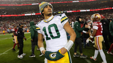 Green Bay Packers quarterback Jordan Love (10) leaves the field after losing to the San Francisco 49ers during their NFC divisional playoff football game Saturday, January 20, 2024, at Levi's Stadium in Santa Clara, California.