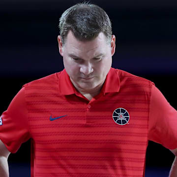 Nov 27, 2024; Paradise Island, Bahamas, BHS; Arizona Wildcats head coach Tommy Lloyd reacts during the first half against the Davidson Wildcats  at the Atlantis Resort