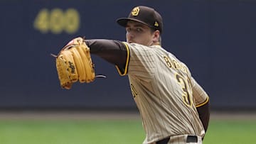 Jun 8, 2025; Milwaukee, Wisconsin, USA; San Diego Padres pitcher Ryan Bergert (38) delivers a pitch against the Milwaukee Brewers in the first inning at American Family Field. 