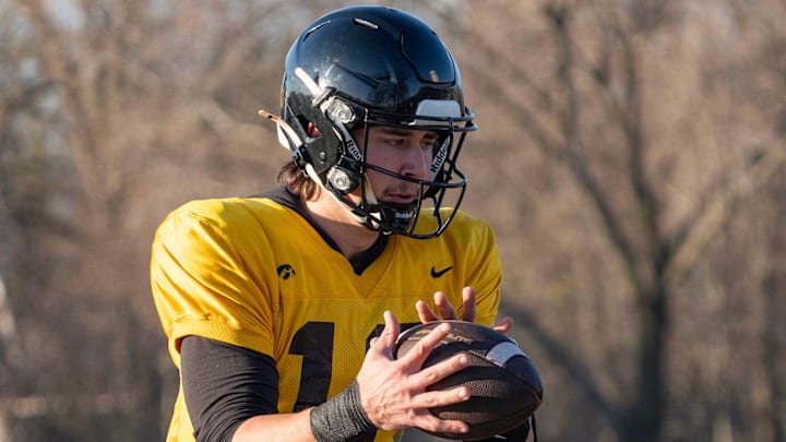 Iowa quarterback Jeremy Hecklinski (10) receives a snap during practice April 9, 2026 in Iowa City, Iowa.
