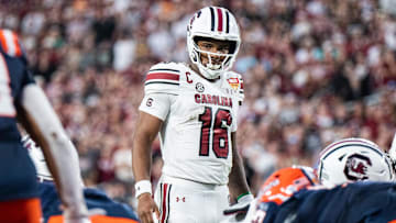 Dec 31, 2024; Orlando, FL, USA;  South Carolina Gamecocks quarterback LaNorris Sellers (16) before the play call against the Illinois Fighting Illini in the fourth quarter at Camping World Stadium. Mandatory Credit: Jeremy Reper-Imagn Images
