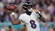 Oct 30, 2025; Miami Gardens, Florida, USA; Baltimore Ravens quarterback Lamar Jackson (8) throws downfield during the second quarter against the Miami Dolphins at Hard Rock Stadium. Mandatory Credit: Sam Navarro-Imagn Images
