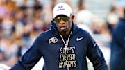 Oct 4, 2025; Fort Worth, Texas, USA; Colorado Buffaloes head coach Deion Sanders on the field during warm ups prior to a game against the TCU Horned Frogs at Amon G. Carter Stadium. Mandatory Credit: Raymond Carlin III-Imagn Images