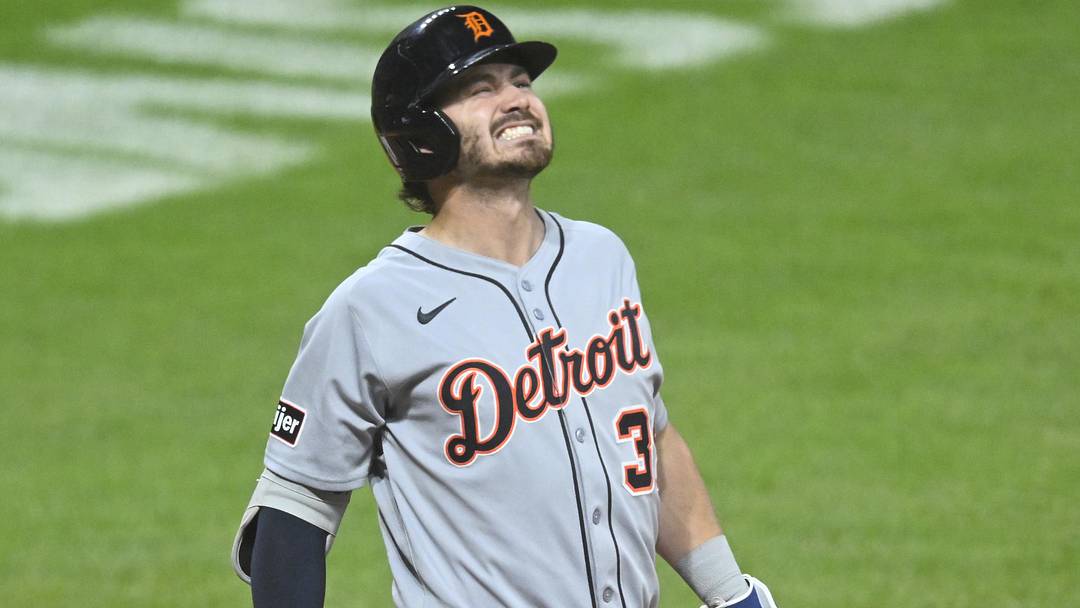 Sep 24, 2025; Cleveland, Ohio, USA; Detroit Tigers third baseman Zach McKinstry (39) reacts after he was hit by a pitch in the sixth inning against the Cleveland Guardians at Progressive Field. Mandatory Credit: David Richard-Imagn Images