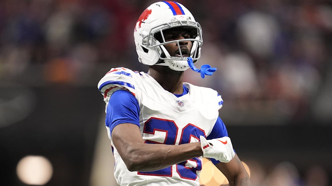 Buffalo Bills DB Sam Franklin Jr. reacts after a defensive play during the second half of a game against the Atlanta Falcons.
