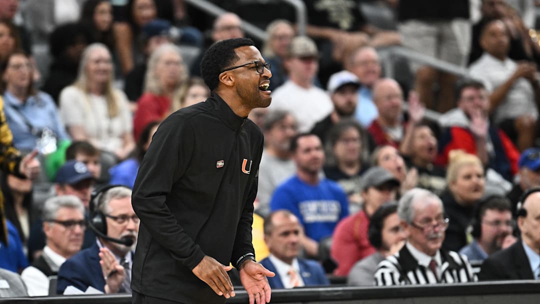 Mar 22, 2026; St. Louis, MO, USA; Miami Hurricanes head coach Jai Lucas calls a play during the second half against the Purdue Boilermakers during a second round game of the men's 2026 NCAA Tournament at Enterprise Center. Mandatory Credit: Jeff Le-Imagn Images
