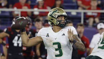 Nov 1, 2024; Boca Raton, Florida, USA;  South Florida Bulls quarterback Bryce Archie (3) throws a pass during the second half against the Florida Atlantic Owls at FAU Stadium. Credit: Reinhold Matay-Imagn Images