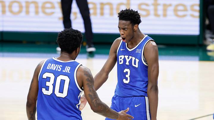  BYU Cougars forward AJ Dybantsa (3) reacts with guard Kennard Davis Jr. (30)