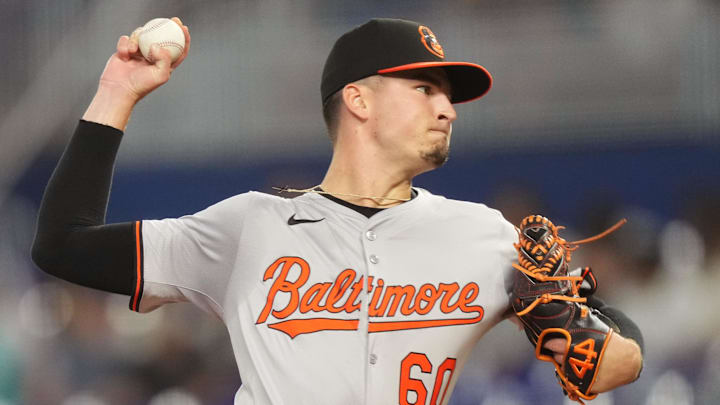 Jul 24, 2024; Miami, Florida, USA;  Baltimore Orioles starting pitcher Chayce McDermott (60) pitches against the Miami Marlins in the first inning at loanDepot Park