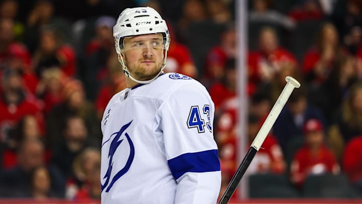Mar 22, 2026; Calgary, Alberta, CAN; Tampa Bay Lightning defenseman Darren Raddysh (43) against the Calgary Flames during the second period at Scotiabank Saddledome. Mandatory Credit: Sergei Belski-Imagn Images