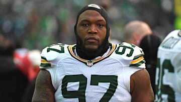 Jan 12, 2025; Philadelphia, Pennsylvania, USA; Green Bay Packers defensive tackle Kenny Clark (97) against the Philadelphia Eagles in an NFC wild card game at Lincoln Financial Field. Mandatory Credit: Eric Hartline-Imagn Images
