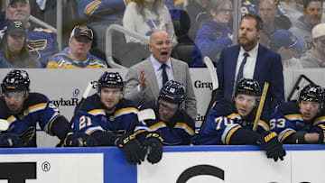 Apr 27, 2025; St. Louis, Missouri, USA; St. Louis Blues head coach Jim Montgomery reacts after a call during the first period against the Winnipeg Jets in game four of the first round of the 2025 Stanley Cup Playoffs at Enterprise Center. Mandatory Credit: Jeff Le-Imagn Images