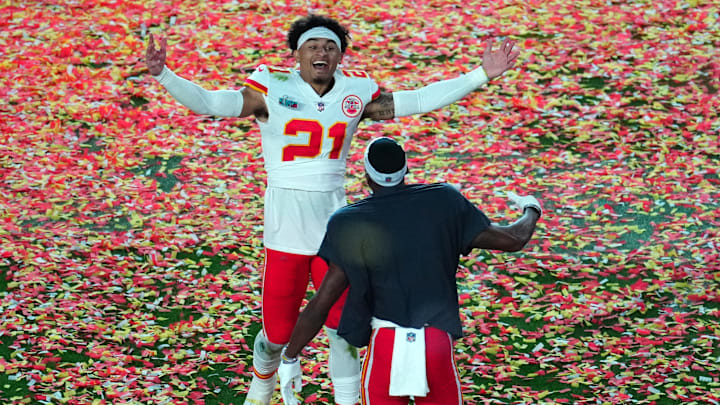 Feb 12, 2023; Glendale, AZ, USA; Kansas City Chiefs cornerback Trent McDuffie (21) celebrates after defeating the Philadelphia Eagles in Super Bowl LVII at State Farm Stadium. Mandatory Credit: Patrick Breen/The Republic via Imagn Images