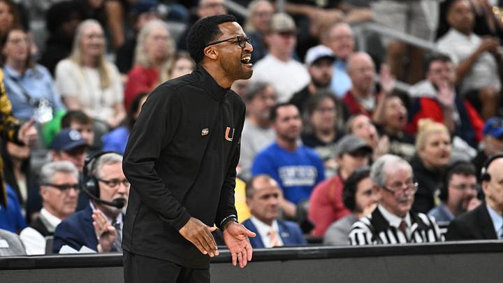 Mar 22, 2026; St. Louis, MO, USA; Miami Hurricanes head coach Jai Lucas calls a play during the second half against the Purdue Boilermakers during a second round game of the men's 2026 NCAA Tournament at Enterprise Center. Mandatory Credit: Jeff Le-Imagn Images
