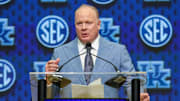 Jul 17, 2025; Atlanta, GA, USA; Kentucky Wildcats head coach Mark Stoops talks to the media during the SEC Media Days at Omni Atlanta Hotel. Mandatory Credit: Jordan Godfree-Imagn Images