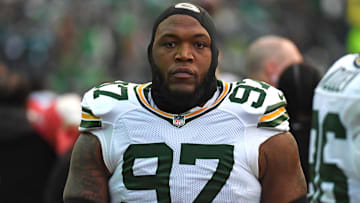 Jan 12, 2025; Philadelphia, Pennsylvania, USA; Green Bay Packers defensive tackle Kenny Clark (97) against the Philadelphia Eagles in an NFC wild card game at Lincoln Financial Field. Mandatory Credit: Eric Hartline-Imagn Images