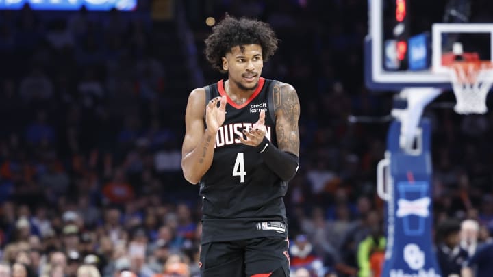 Mar 27, 2024; Oklahoma City, Oklahoma, USA; Houston Rockets guard Jalen Green (4) celebrates during a time out against the Oklahoma City Thunder in the second half at Paycom Center. Mandatory Credit: Alonzo Adams-USA TODAY Sports