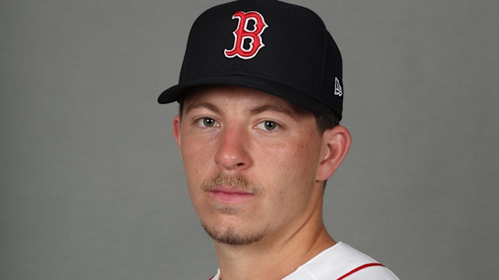 Feb 17, 2026; Lee County, FL, USA;  Boston Red Sox pitcher Tyler Uberstine (79) poses for a photo during media day at JetBlue Park.