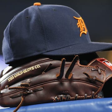 Mar 30, 2019; Toronto, Ontario, CAN; The hat and glove of a Detroit Tigers player before a game against the Toronto Blue Jays at Rogers Centre.
