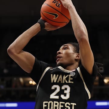 Jan 31, 2024; Pittsburgh, Pennsylvania, USA; Wake Forest Demon Deacons guard Hunter Sallis (23) shoots against the Pittsburgh Panthers during the second half at the Petersen Events Center. Pittsburgh won 77-72.  Mandatory Credit: Charles LeClaire-Imagn Images