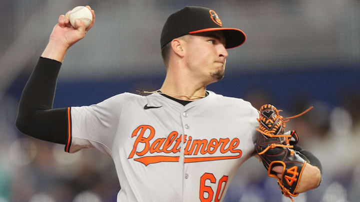 Jul 24, 2024; Miami, Florida, USA;  Baltimore Orioles starting pitcher Chayce McDermott (60) pitches against the Miami Marlins in the first inning at loanDepot Park. 