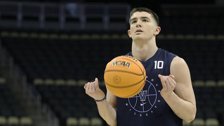Mar 17, 2022; Pittsburgh, PA, USA;  Villanova Wildcats guard Angelo Brizzi (10) during practice before the first round of the 2022 NCAA Tournament at PPG Paints Arena. Mandatory Credit: Charles LeClaire-Imagn Images