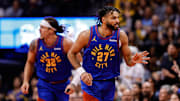 Nov 7, 2025; Denver, Colorado, USA; Denver Nuggets guard Jamal Murray (27) reacts after a basket in the second quarter against the Golden State Warriors at Ball Arena. Mandatory Credit: Isaiah J. Downing-Imagn Images