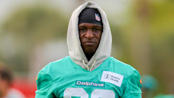 Jul 28, 2025; Miami Gardens, MI, USA; Miami Dolphins cornerback Mike Hilton (38) looks on from the field during training camp at Baptist Health Training Complex. Mandatory Credit: Sam Navarro-Imagn Images