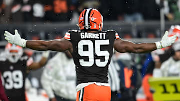 Nov 21, 2024; Cleveland, Ohio, USA; Cleveland Browns defensive end Myles Garrett (95) celebrates after sacking Pittsburgh Steelers quarterback Russell Wilson (not pictured) during the first half at Huntington Bank Field. Mandatory Credit: Ken Blaze-Imagn Images