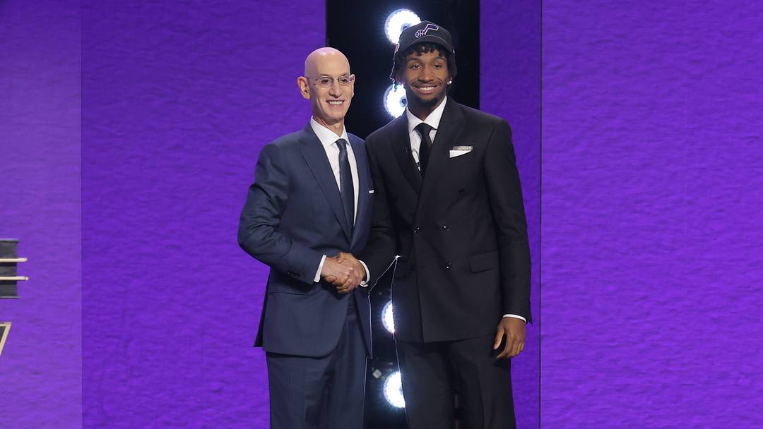 Jun 23, 2026; New York, NY, USA; NBA commissioner Adam Silver greets the second pick in the 2026 NBA draft, Kansas guard Darryn Peterson after he was selected by the Utah Jazz at Barclays Center. Mandatory Credit: Brad Penner-Imagn Images Jun 23, 2026; New York, NY, USA; NBA commissioner Adam Silver greets the second pick in the 2026 NBA draft, Kansas guard Darryn Peterson after he was selected by the Utah Jazz at Barclays Center. Mandatory Credit: Brad Penner-Imagn Images