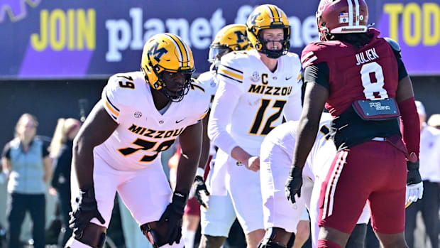 Missouri Tigers offensive lineman Armand Membou lines up against the Massachusetts Minutemen.