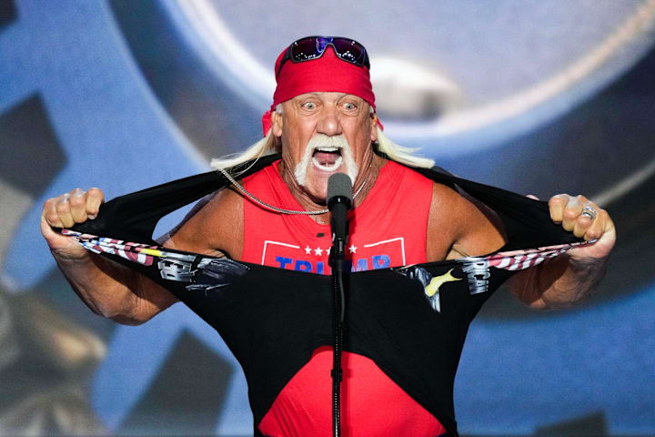Wrestler Hulk Hogan speaks during the final day of the 2024 Republican National Convention at Fiserv Forum in Milwaukee 