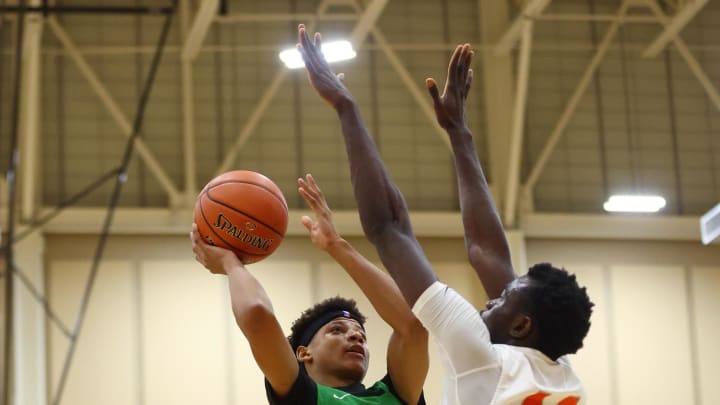 Dec 1, 2023; Scottsdale, AZ, USA; Arizona Compass Prep  guard Jeremiah Fears (2) drives to the basket against Wasatch Academy center Augustine Ekwe (44) during the Hoophall West High School Invitational at Chaparral High School. Mandatory Credit: Mark J. Rebilas-USA TODAY Sports