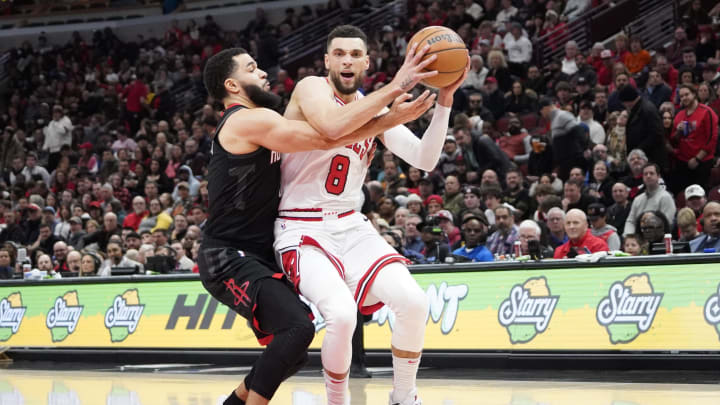 Jan 10, 2024; Chicago, Illinois, USA; Houston Rockets guard Fred VanVleet (5) defends Chicago Bulls guard Zach LaVine (8) during the second half at United Center. Mandatory Credit: David Banks-USA TODAY Sports