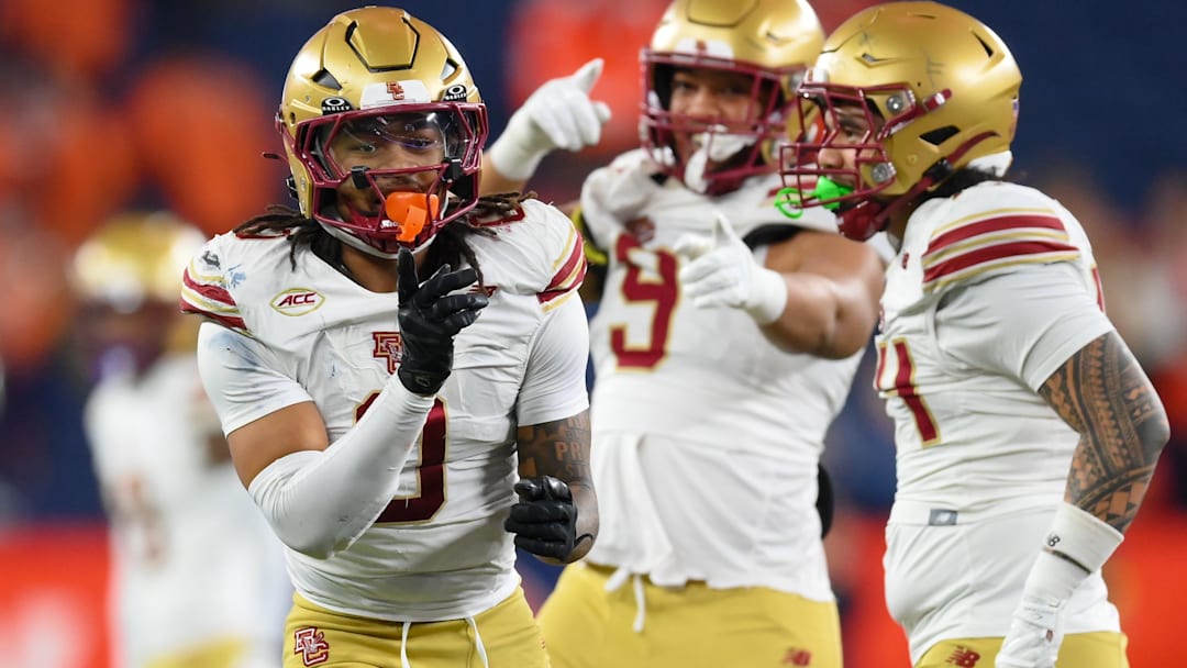 Nov 29, 2025; Syracuse, New York, USA; Boston College Eagles defensive back Omar Thornton (0) reacts to a sack against the Syracuse Orange during the second half at the JMA Wireless Dome. Mandatory Credit: Rich Barnes-Imagn Images