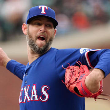 Apr 27, 2025; San Francisco, California, USA; Texas Rangers pitcher Chris Martin (55) throws a pitch against the San Francisco Giants during the eighth inning at Oracle Park. 